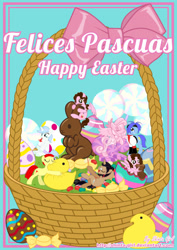 Size: 1280x1811 | Tagged: safe, artist:shinta-girl, derpibooru import, oc, oc only, oc:frozen rose, oc:shinta pony, oc:taekwon magic, angel, angel pony, original species, aaron pony, easter, food, group, happy easter, holiday, joshka, pie, sitting