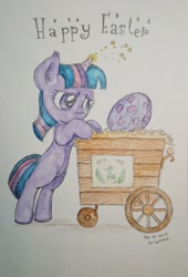 Size: 1469x2166 | Tagged: safe, artist:daisymane, derpibooru import, twilight sparkle, unicorn twilight, pony, unicorn, the cutie mark chronicles, bipedal, blank flank, cart, dragon egg, easter, egg, female, filly, filly twilight sparkle, foal, happy easter, holiday, magic, solo, spike's egg, traditional art, younger