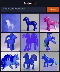 Size: 1536x1850 | Tagged: safe, derpibooru import, machine learning generated, oc, earth pony, pony, unicorn, 2d, 3d, black background, blue, blue background, blue coat, blue mane, blue pony, coat markings, craiyon, earth pony oc, international klein blue, modern art, pink background, pink coat, pink mane, plastic, rearing, simple background, socks (coat marking), toy, traditional art, watercolor painting, white background, yves klein