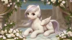 Size: 2560x1440 | Tagged: safe, derpibooru import, editor:felisamafeles, generator:stable diffusion, machine learning generated, oc, oc only, pegasus, pony, flower, marble floor, ocean, solo, water