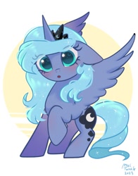 Size: 1074x1368 | Tagged: safe, artist:petaltwinkle, derpibooru import, princess luna, alicorn, pony, blushing, cute, female, looking at you, lunabetes, mare, open mouth, s1 luna, signature, simple background, solo, spread wings, white background, wingding eyes, wings