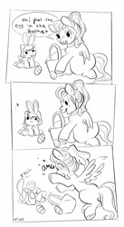 Size: 2018x3695 | Tagged: safe, artist:opalacorn, derpibooru import, oc, oc only, oc:void, pegasus, pony, animal costume, baby, baby pony, basket, black and white, bunny costume, clothes, colt, comic, costume, dialogue, duo, easter, easter egg, falling, female, foal, grayscale, holiday, male, mare, monochrome, mother and child, mother and son, parent and child, simple background, speech bubble, white background
