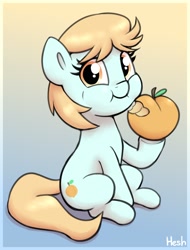 Size: 1614x2127 | Tagged: safe, artist:heretichesh, derpibooru import, oc, oc only, earth pony, pony, cute, eating, female, filly, foal, food, gradient background, hoof hold, looking at you, peach, puffy cheeks, signature, sitting, smiling, smiling at you, solo