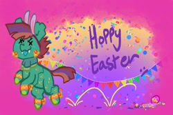 Size: 969x648 | Tagged: safe, artist:nootaz, derpibooru import, oc, oc only, oc:deadmeat, original species, pony, bipedal, bunny ears, easter, engrish, grammar error, happy easter, holiday, hopping, male, piñata, piñata pony, solo, stallion, x eyes