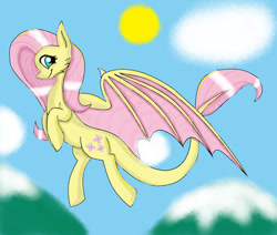 Size: 972x823 | Tagged: safe, artist:daedric-dragon, derpibooru import, fluttershy, dracony, dragon, hybrid, cloud, dragonified, flutterdragon, flying, looking at you, mountain, sky, smiling, species swap, spread wings, sun, wings