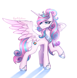 Size: 2800x2840 | Tagged: safe, artist:opal_radiance, derpibooru import, princess flurry heart, alicorn, pony, crown, eyebrows, female, high res, hoof shoes, jewelry, mare, older, older flurry heart, peytral, raised hoof, raised leg, regalia, shadow, signature, simple background, smiling, solo, spread wings, white background, wings
