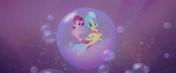 Size: 1600x665 | Tagged: safe, derpibooru import, pinkie pie, princess skystar, seapony (g4), my little pony: the movie, bubble, female, in bubble, one small thing, pinkie pie trapped in a bubble, seaponified, seapony pinkie pie, species swap, underwater, water