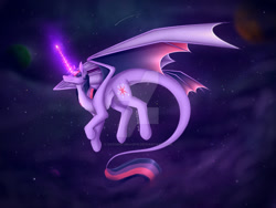 Size: 1024x768 | Tagged: safe, artist:daedric-dragon, derpibooru import, twilight sparkle, dracony, dragon, hybrid, dragonified, flying, glowing, glowing horn, horn, looking at you, planet, shooting star, smiling, smiling at you, space, species swap, spread wings, twilidragon, wings
