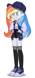 Size: 1056x2326 | Tagged: safe, artist:skyfallfrost, derpibooru import, oc, oc:rainbow cloud, equestria girls, cap, clothes, converse, female, hat, jacket, shoes, shorts, simple background, solo, transparent background