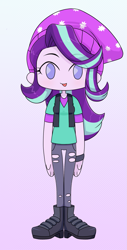 Size: 1031x2023 | Tagged: safe, artist:batipin, derpibooru import, starlight glimmer, equestria girls, beanie, chibi, gradient background, hat, no pupils, open mouth, solo