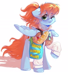 Size: 2222x2436 | Tagged: safe, artist:pledus, derpibooru exclusive, derpibooru import, oc, oc only, oc:morning star, pegasus, pony, fallout equestria, apple, bag, bow, bread, carrot, cheese, clothes, female, food, green eyes, looking at you, mare, one eye closed, ponytail, shirt, shopping bag, solo, super duper mart, vest, wink, winking at you