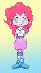 Size: 1143x2018 | Tagged: safe, artist:batipin, derpibooru import, pinkie pie, equestria girls, chibi, gradient background, looking at you, no nose, no pupils, solo