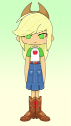 Size: 1143x2018 | Tagged: safe, artist:batipin, derpibooru import, applejack, equestria girls, chibi, gradient background, looking at you, no nose, no pupils, solo