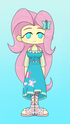 Size: 1143x2018 | Tagged: safe, artist:batipin, derpibooru import, fluttershy, equestria girls, chibi, gradient background, looking at you, no nose, no pupils, solo