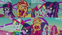 Size: 2000x1125 | Tagged: safe, derpibooru import, edit, edited screencap, editor:quoterific, screencap, applejack, fluttershy, pinkie pie, rainbow dash, rarity, sci-twi, sunset shimmer, twilight sparkle, better together, equestria girls, spring breakdown, confused, crossed arms, drink, female, glasses, green face, gritted teeth, humane five, humane seven, humane six, open mouth, open smile, seasickness, smiling, sunset shimmer is not amused, teeth, unamused