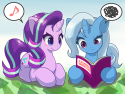 Size: 2000x1500 | Tagged: safe, artist:ragurimo, derpibooru import, starlight glimmer, trixie, pony, unicorn, abstract background, book, duo, lying down, reading, simple background, speech bubble