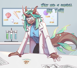 Size: 3070x2709 | Tagged: safe, artist:djkaskan, derpibooru import, oc, oc only, anthro, sea pony, unicorn, breasts, clothes, curved horn, female, goggles, horn, joke, lab coat, science, scientist, solo, test tube