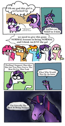 Size: 2572x4977 | Tagged: safe, artist:punkittdev, derpibooru import, applejack, fluttershy, pinkie pie, rainbow dash, rarity, starlight glimmer, twilight sparkle, twilight sparkle (alicorn), alicorn, earth pony, pegasus, pony, unicorn, the cutie re-mark, comic, dialogue, female, hoers, mane six, mare, scene interpretation