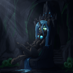 Size: 2000x2000 | Tagged: source needed, safe, artist:uteuk, derpibooru import, queen chrysalis, changeling, changeling queen, blushing, cave, changeling slime, cute, cutealis, cuteling, drone, duo, female, high res, hive, hug, looking at each other, looking at someone, mommy chrissy, sitting, smiling, throne