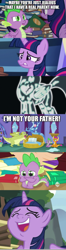 Size: 488x1844 | Tagged: safe, derpibooru import, edit, edited screencap, screencap, sludge (g4), spike, twilight sparkle, twilight sparkle (alicorn), alicorn, dragon, pony, dragon quest, father knows beast, book, caption, comic, crying, female, golden oaks library, image macro, laughing, screncap comic, spikeabuse, text, twilight's castle, winged spike, wings