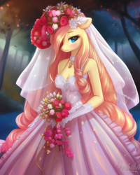 Size: 2048x2560 | Tagged: safe, derpibooru exclusive, derpibooru import, generator:purplesmart.ai, generator:stable diffusion, machine learning generated, fluttershy, anthro, semi-anthro, blue eyes, blushing, clothes, cute, dress, ears, female, floppy ears, flower, flower in hair, forest background, long hair, looking at you, marriage, nature, outdoors, prompter:avalaz6214, rose, ruffles, shyabetes, solo, veil, wedding, wedding dress, wedding veil, white dress