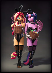 Size: 4000x5656 | Tagged: safe, artist:imafutureguitarhero, derpibooru import, sci-twi, sunset shimmer, twilight sparkle, twilight sparkle (alicorn), alicorn, anthro, classical unicorn, unguligrade anthro, unicorn, 3d, :i, absurd resolution, adorasexy, arm fluff, arm freckles, basket, border, bowtie, bunny ears, bunny suit, bunny tail, cheek fluff, chest fluff, chest freckles, chin fluff, chromatic aberration, cleavage fluff, clothes, cloven hooves, colored eyebrows, colored eyelashes, corset, costume, cuffs (clothes), cute, dialogue in the description, duo, duo female, ear fluff, ear freckles, ears, easter, easter basket, easter egg, egg, embarrassed, female, film grain, fishnet clothing, fishnet pantyhose, fishnet stockings, floppy ears, fluffy, fluffy hair, fluffy mane, fluffy tail, freckles, fur, gloves, holding, holiday, horn, latex, latex clothes, latex corset, latex stockings, leg fluff, leg freckles, leonine tail, lesbian, long hair, long mane, looking at each other, looking at someone, mare, matching outfits, multicolored hair, multicolored mane, multicolored tail, nervous, nose wrinkle, outfit, paintover, partially open wings, peppered bacon, playboy bunny, revamped anthros, revamped ponies, scitwilicorn, scitwishimmer, see-through, sexy, shadow, shiny, shipping, shoulder fluff, shoulder freckles, signature, sleeveless, smiling, socks, source filmmaker, stockings, sunsetsparkle, tail, thigh highs, thigh squish, twiabetes, unshorn fetlocks, unsure, varying degrees of amusement, wall of tags, wings