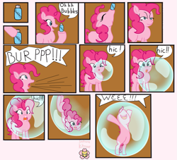 Size: 939x851 | Tagged: safe, artist:sakurakitune, derpibooru import, pinkie pie, earth pony, pony, bubble, bubble solution, burp, comic, female, hiccup, in bubble, mare, pinkie being pinkie, pinkie pie trapped in a bubble, trapped