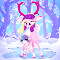 Size: 2500x2500 | Tagged: safe, artist:rurihal, derpibooru import, princess cadance, princess flurry heart, deer, reindeer, calf, chest fluff, cute, cutedance, doe, duo, fawn, female, flurrybetes, ice, looking at each other, mother and child, mother and daughter, parent and child, reindeerified, smiling, snow, snowfall, species swap