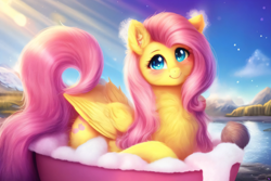 Size: 3072x2048 | Tagged: safe, derpibooru exclusive, derpibooru import, generator:purplesmart.ai, generator:stable diffusion, machine learning generated, fluttershy, pegasus, pony, bath, blushing, cute, female, fluffy, looking at you, outdoors, prompter:avalaz6214, smiling, solo