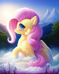 Size: 2048x2560 | Tagged: safe, derpibooru exclusive, derpibooru import, generator:purplesmart.ai, generator:stable diffusion, machine learning generated, fluttershy, pegasus, pony, bath, blushing, cute, female, fluffy, looking at you, outdoors, prompter:avalaz6214, smiling, solo