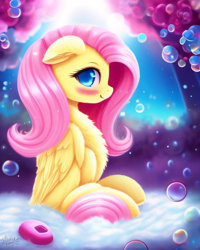 Size: 2048x2560 | Tagged: safe, derpibooru exclusive, derpibooru import, generator:purplesmart.ai, generator:stable diffusion, machine learning generated, fluttershy, pegasus, pony, bath, blushing, bubble, cute, female, fluffy, looking at you, outdoors, prompter:avalaz6214, smiling, solo