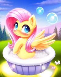 Size: 2048x2560 | Tagged: safe, derpibooru exclusive, derpibooru import, generator:purplesmart.ai, generator:stable diffusion, machine learning generated, fluttershy, pegasus, pony, bath, blushing, bubble, cute, female, fluffy, looking at you, outdoors, prompter:avalaz6214, smiling, solo, weapons-grade cute