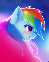 Size: 2048x2560 | Tagged: safe, derpibooru exclusive, derpibooru import, generator:purplesmart.ai, generator:stable diffusion, machine learning generated, rainbow dash, pony, blushing, bust, cute, female, portrait, prompter:avalaz6214, smiling, solo