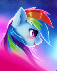 Size: 2048x2560 | Tagged: safe, derpibooru exclusive, derpibooru import, generator:purplesmart.ai, generator:stable diffusion, machine learning generated, rainbow dash, pony, blushing, bust, cute, female, portrait, prompter:avalaz6214, smiling, solo