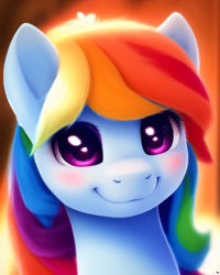 Size: 2048x2560 | Tagged: safe, derpibooru exclusive, derpibooru import, generator:purplesmart.ai, generator:stable diffusion, machine learning generated, rainbow dash, pony, blushing, bust, cute, female, looking at you, portrait, prompter:avalaz6214, smiling, solo