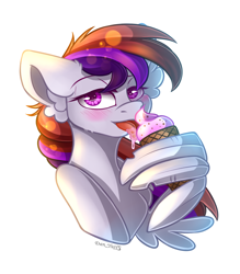 Size: 1834x2097 | Tagged: safe, alternate version, artist:yuris, derpibooru import, oc, pegasus, pony, ears up, food, ice cream, open mouth, simple background, smiling, solo, spread wings, tongue, tongue out, trade, white background, wing hands, wing hold, wings