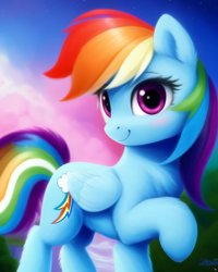 Size: 2048x2560 | Tagged: safe, derpibooru exclusive, derpibooru import, generator:purplesmart.ai, generator:stable diffusion, machine learning generated, rainbow dash, pegasus, pony, blushing, cute, female, looking at you, outdoors, prompter:avalaz6214, smiling, solo