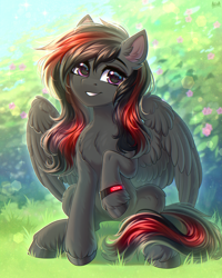 Size: 2300x2875 | Tagged: safe, artist:hakaina, derpibooru import, oc, pegasus, pony, belly, belly fluff, blurry background, chest fluff, colored, commission, concave belly, cute, depth of field, ear fluff, ears, fluffy, grass, grin, head tilt, high res, hoofband, leg fluff, lighting, looking at you, ocbetes, partially open wings, pink eyes, raised hoof, raised leg, shading, sitting, slim, smiling, smiling at you, solo, teeth, thin, unshorn fetlocks, wings, wristband, ych result