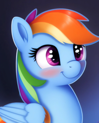 Size: 2048x2560 | Tagged: safe, derpibooru exclusive, derpibooru import, generator:purplesmart.ai, generator:stable diffusion, machine learning generated, rainbow dash, pegasus, pony, blushing, bust, cute, female, portrait, prompter:avalaz6214, smiling, solo