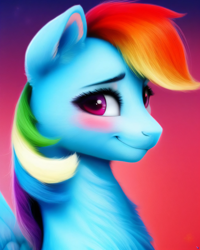 Size: 2048x2560 | Tagged: safe, derpibooru exclusive, derpibooru import, generator:purplesmart.ai, generator:stable diffusion, machine learning generated, rainbow dash, pegasus, pony, blushing, bust, cute, detailed, female, portrait, prompter:avalaz6214, smiling, solo