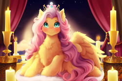 Size: 3072x2048 | Tagged: safe, derpibooru exclusive, derpibooru import, generator:purplesmart.ai, generator:stable diffusion, machine learning generated, fluttershy, pegasus, pony, blushing, crown, cute, female, indoors, jewelry, long hair, looking at you, princess, prompter:avalaz6214, regalia, smiling, solo, spread wings, wings