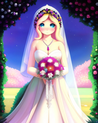 Size: 2048x2560 | Tagged: safe, derpibooru exclusive, derpibooru import, generator:purplesmart.ai, generator:stable diffusion, machine learning generated, fluttershy, human, beautiful, blushing, bouquet, clothes, cute, dress, female, flower, flower in hair, garden, humanized, looking at you, marriage, prompter:avalaz6214, smiling, solo, stars, veil, wedding, wedding dress, wedding veil