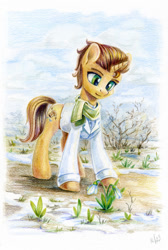 Size: 804x1200 | Tagged: safe, artist:maytee, derpibooru import, oc, oc only, pony, unicorn, clothes, commission, flower, scarf, snow, snowdrop (flower), spring, traditional art, ych result