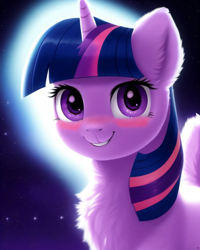 Size: 2048x2560 | Tagged: safe, derpibooru exclusive, derpibooru import, generator:purplesmart.ai, generator:stable diffusion, machine learning generated, twilight sparkle, pony, beautiful, bust, chest fluff, cute, female, looking at you, portrait, prompter:avalaz6214, sky, smiling, solo, stars