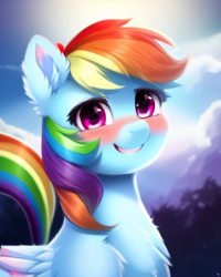 Size: 2048x2560 | Tagged: safe, derpibooru exclusive, derpibooru import, generator:purplesmart.ai, generator:stable diffusion, machine learning generated, rainbow dash, pony, beautiful, blushing, cute, dashabetes, female, looking at you, outdoors, prompter:avalaz6214, smiling, solo