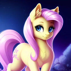 Size: 2048x2048 | Tagged: safe, derpibooru exclusive, derpibooru import, generator:purplesmart.ai, generator:stable diffusion, machine learning generated, fluttershy, pony, cute, female, outdoors, prompter:avalaz6214, smiling, solo