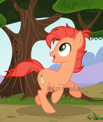 Size: 1280x1513 | Tagged: safe, artist:marrayala, derpibooru import, oc, oc only, oc:juicy apple-pear, earth pony, pony, base used, colt, foal, head turn, looking up, male, offspring, open mouth, open smile, parent:big macintosh, parent:fluttershy, parents:fluttermac, running, smiling, solo, watermark