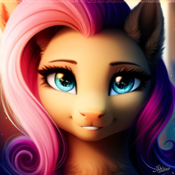 Size: 2048x2048 | Tagged: safe, derpibooru exclusive, derpibooru import, generator:purplesmart.ai, generator:stable diffusion, machine learning generated, fluttershy, pony, beautiful, bust, cute, female, looking at you, portrait, prompter:avalaz6214, shyabetes, smiling, solo