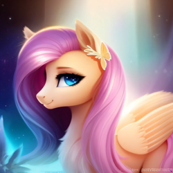 Size: 2048x2048 | Tagged: safe, derpibooru exclusive, derpibooru import, generator:purplesmart.ai, generator:stable diffusion, machine learning generated, fluttershy, butterfly, pegasus, pony, accessory, beautiful, blue eyes, blue light, blurry background, chest fluff, colored pupils, cute, ear fluff, ears, eyebrows, eyelashes, feather, feathered wings, female, folded wings, hairpin, half body, long mane, looking at you, looking back, mare, particles, prompter:avalaz6214, shyabetes, side view, smiling, solo, standing, sunlight, wings