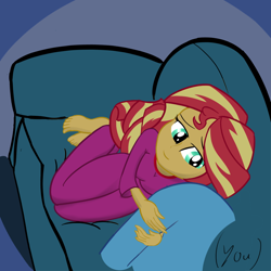 Size: 800x800 | Tagged: safe, derpibooru import, sunset shimmer, oc, oc:anon, human, equestria girls, clothes, feet, female, hug, offscreen character, pajamas, pov, sofa